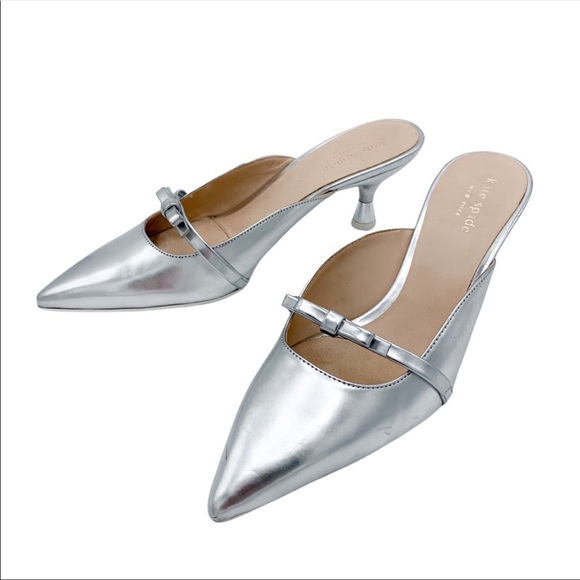 KATE SPADE Carnation Metallic Kitten-heel Sandals In Silver Leather 37.5 - Picture 5 of 6